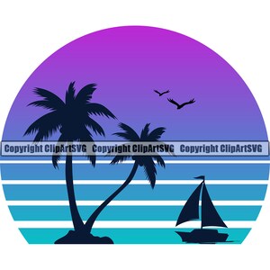 Palme Silhouette Sommer Sonne Strand Meer Natur Insel Resort Surf Reisen Segelboot Segelschiff Design Logo SVG PNG Clipart Vektor Cut