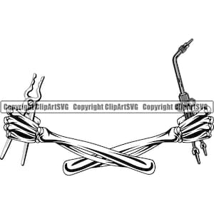 Op de afbeelding: Zwart-witte illustratie van twee gekruiste skeletachtige armen, de ene houdt een tang vast en de andere een lasbrander.