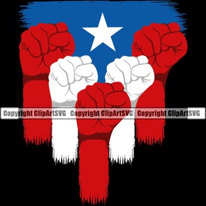 May include: Five fists raised in the air, with red and white colors, against a blue background with a white star. The colors are reminiscent of the Puerto Rican flag.