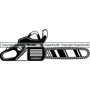 May include: Black and white illustration of a chainsaw with the word "CHAINSAW" printed on the side.