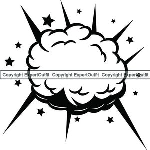 Op de afbeelding: Zwart-witte illustratie van een cartoon-explosie met een wolkvorm en stralende lijnen. De explosie wordt omringd door kleine sterren.