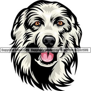 Tête de chien des Grandes Pyrénées visage souriant heureux race Golden Retriever chiot K-9 Pedigree Animal Pet Logo SVG PNG Vector Cricut Cut fichier de coupe
