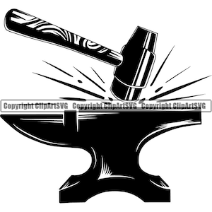 May include: A black and white illustration of a hammer striking an anvil. Sparks fly from the point of impact. The hammer has a wooden handle with a textured design.