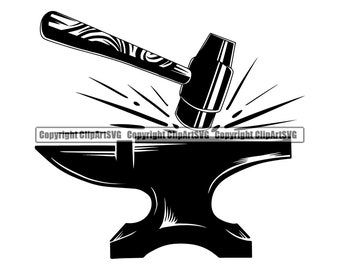 Logotipo de herrero Yunque Martillo Alicates Mazo Trineo Yunque Forja Acero Metal Hierro Herramienta Construir Artesanía .SVG .PNG Vector Clipart Corte Corte
