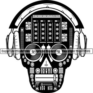 Muziek schedel hoofdtelefoon DJ Deejay draaitafel Spin platenspeler Mixer Disc Jockey Vinyl Club Design Logo SVG PNG Vector Clipart snijden bestand
