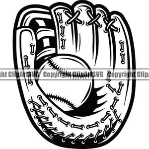 May include: Black and white illustration of a baseball mitt with a baseball inside. The mitt has stitching details and a classic design.