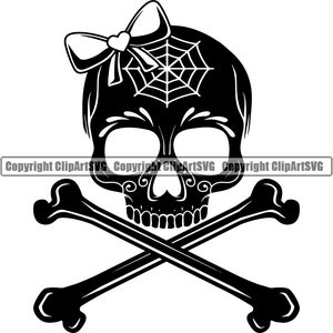 Female Girl Woman Bow Cobweb Skull Dawn Dead Head Evil Tattoo Skeleton Bone Horror Vintage Design Logo SVG PNG Clipart Vector Cut Cutting
