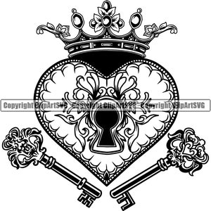 Herz Schloss Schlüssel Liebe König Krone Konzept Vintage Alt Retro Verziert Symbol Tattoo Deco Form Kunstwerk Art Design Logo SVG PNG Vektor Clipart Cut