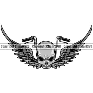 May include: A black and white illustration of a skull with motorcycle handlebars, set against a backdrop of wings.