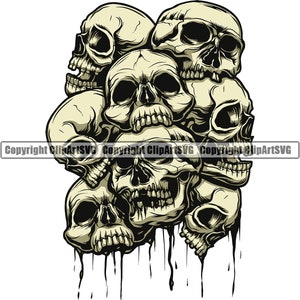 May include: A vector illustration of multiple skulls piled together, with a dripping effect at the bottom. The skulls are in cream and grey tones, with detailed shading to highlight the bone structure. The image has a gothic or Halloween theme.
