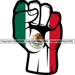 May include: A raised fist with the colors of the Mexican flag. The fist is green, white, and red with the Mexican coat of arms in the center.