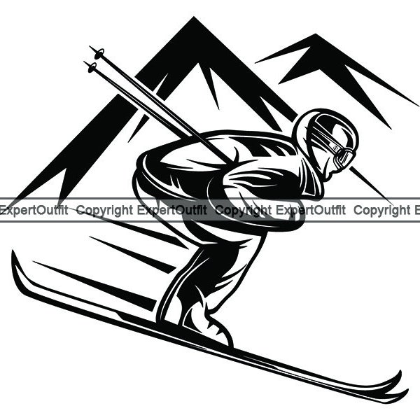 Ski Skiing Winter Sports Skier Cold Athlete Downhill Slope Jump Snow Mountain Speed Speeding Logo.SVG .PNG Clipart Vector Cricut Cut Cutting