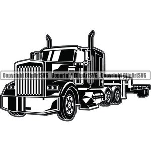 Könnte beinhalten: Schwarz-Weiß-Illustration eines Sattelzugs mit einem Pritschenanhänger. Der LKW hat ein detailliertes Design mit sichtbaren Scheinwerfern, einem Frontgrill und Auspuffrohren. Das Bild ist eine Vektorgrafik.