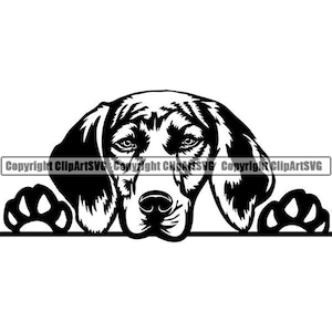 May include: Black and white illustration of a dog peeking over a surface with its paw raised. The dog has a serious expression and is looking directly at the viewer.