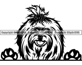 May include: Black and white illustration of a small dog with fluffy hair peeking over a surface. The dog has a bow in its hair and is smiling. The dog has its paw raised.