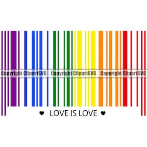 May include: A rainbow-colored barcode with the text "LOVE IS LOVE" underneath. The barcode is made up of vertical stripes in the colors of the rainbow: purple, blue, green, yellow, orange, and red.
