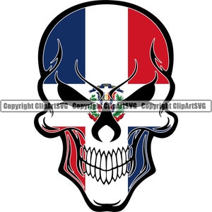 May include: A black and white skull with the Dominican Republic flag colors and coat of arms on the front.
