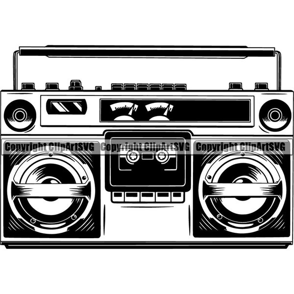 Radio Boombox vintage rétro Cassette magnétophone enregistreur musique Ghetto Blaster Hip Hop Rap Logo. SVG. PNG Vector Clipart Cricut coupe coupe