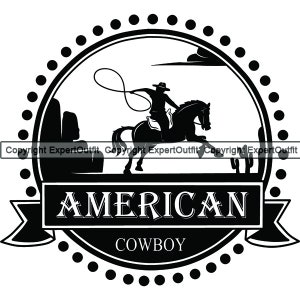 May include: Black and white graphic of an American cowboy riding a horse, roping. The design is in a circular frame with the words "AMERICAN COWBOY" in a banner at the bottom. Cactus and rock formations are also included.