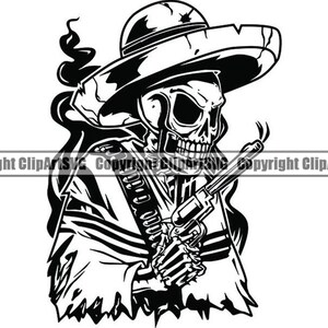 May include: Black and white illustration of a skull wearing a sombrero and holding a gun. The skull has a serious expression and is looking to the right. The image is a digital illustration.