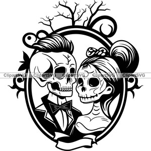 Crânio Casal Amor Esqueleto Dia dos Namorados Romântico Horror Romance Gótico Moldura de Casamento Desenho Animado Arte Logotipo Tatuagem Design SVG PNG Cut