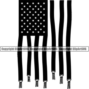 May include: Black and white silhouette of an American flag with the stripes transformed into electrical cords. The cords are frayed at the bottom.