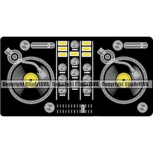 DJ Einrichtung Disc Jockey Musik Plattenspieler Mixer Schallplatte Album Player Scratch Vinyl Stereo Sound Design Art Logo SVG PNG Vektor Clipart geschnitten Datei