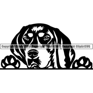 May include: Black and white illustration of a dog's head peeking over a surface with its paw outstretched. The dog has a serious expression and is looking directly at the viewer.