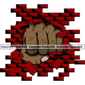 May include: A brown fist punches through a red brick wall, with broken bricks scattered around. The image has a comic book style, with bold outlines and a white background. The fist is the focal point.