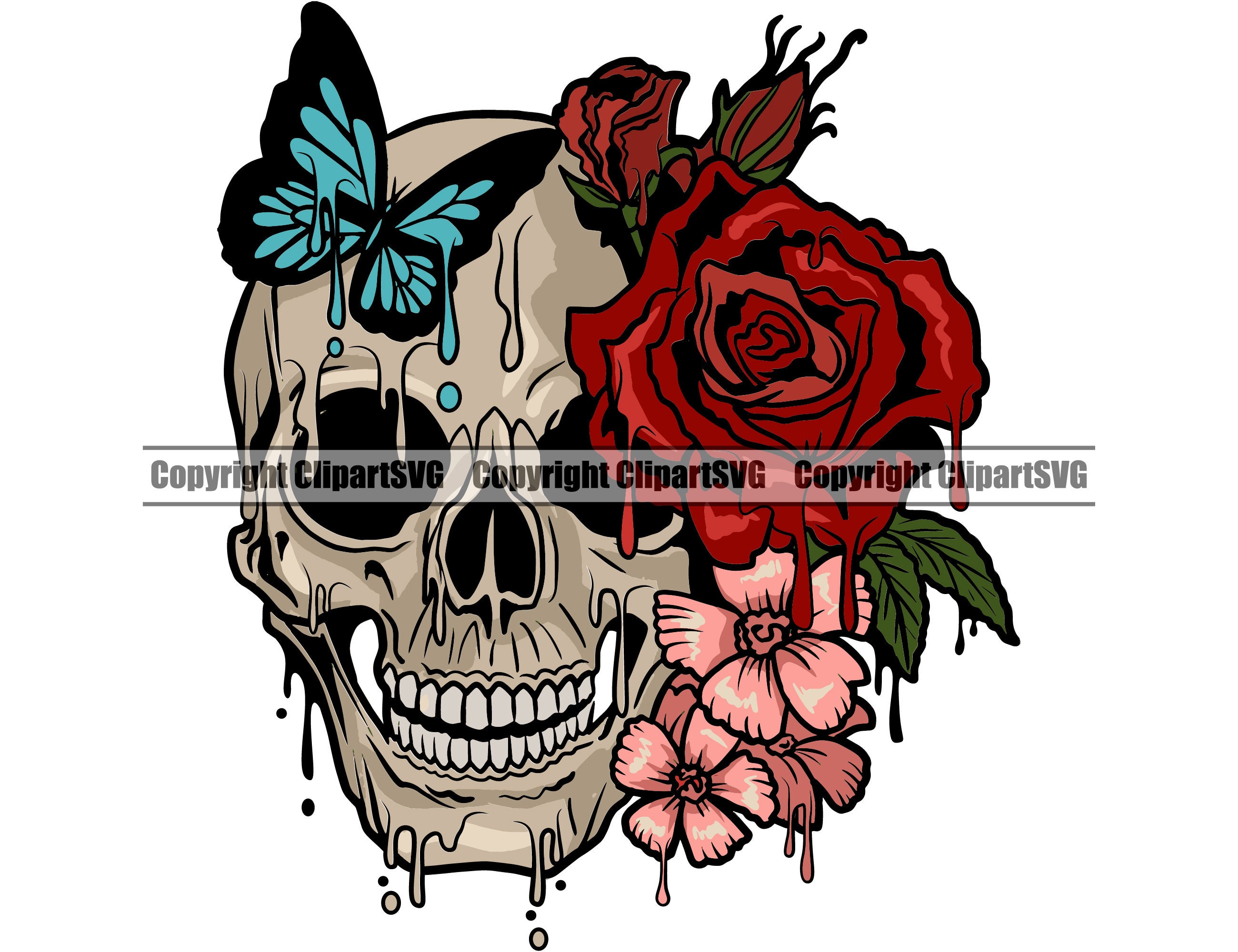 Skull Roses Flowers Butterfly Drip Dripping Love Dead Head