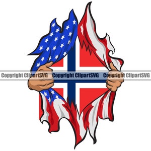 May include: A graphic design of a person ripping open their shirt to reveal the flag of Norway underneath a tattered American flag.