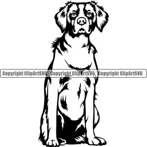 May include: Black and white silhouette of a Brittany dog sitting with its ears perked up.