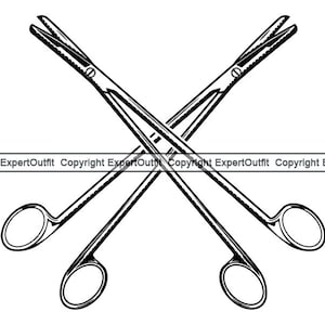 May include: Black and white illustration of two surgical scissors crossed. The scissors have finger rings and serrated blades. The image has the text "Copyright ExpertOutfit" at the bottom.
