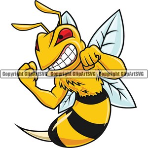May include: A cartoon illustration of a yellow and black bee with a menacing expression. The bee has large, red eyes and sharp teeth. It is clenching its fists and has a pair of wings.