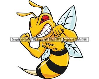 May include: A cartoon illustration of a yellow and black bee with a menacing expression. The bee has large, red eyes and sharp teeth. It is clenching its fists and has a pair of wings.