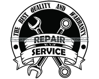 Può includere: Logo in bianco e nero con due chiavi inglesi incrociate. Il testo "The Best Quality and Warranty Repair Service" è scritto in un cerchio attorno alle chiavi inglesi.