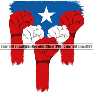 May include: Five fists raised in the air, painted in red, white, and blue, with a stylized American flag in the background. The fists are a symbol of unity and strength.