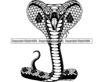 May include: Black and white line art illustration of a cobra snake with its hood expanded. The snake is in a standing position with its tail curled underneath its body.