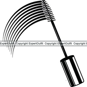 May include: Black and white illustration of a mascara wand with a brush on one end and a bottle on the other.