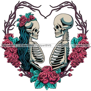Crânio Casamento Esqueleto Marido Esposa Casal Amor Eterno Feriado Romance Horror Gótico Quarta Casamento Coração Arte Logotipo Tatuagem Design SVG PNG Cut