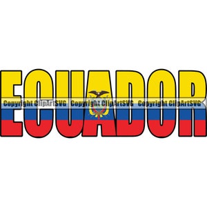 Puede incluir: La palabra "ECUADOR" está escrita en letras negras en negrita con un fondo amarillo. Las letras están delineadas en negro. El fondo de las letras es la bandera ecuatoriana, que es amarilla, roja, azul y presenta el escudo de armas ecuatoriano en el centro.
