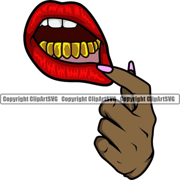 Lips Gold Teeth Female Hand Showing Mouth Mean Mug Ghetto Grill Rap Hip Hop Mask Art Design Element Logo SVG PNG Clipart Cricut Vector Cut