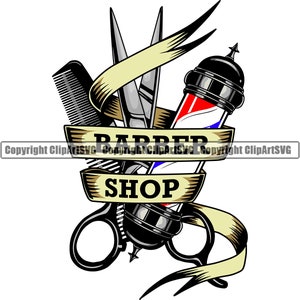 May include: A barber shop logo featuring a comb, scissors, and a barber pole with red, white, and blue stripes. The words "BARBER SHOP" are displayed on a banner. The design is in black, white, and tan.