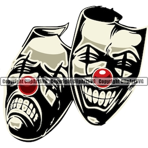 Happy Sad Masks Laugh Now Cry Later Clown Face Gangster Biker Thug Tattoo Theater Design Logo SVG PNG Vector Clipart Cut Cutting File