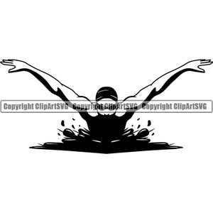 May include: Black and white silhouette of a swimmer doing the butterfly stroke. The swimmer is wearing a cap and goggles and is emerging from the water.