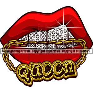 Lips Diamond Teeth Bite Gold Chain Charm Queen Gangster Mouth Mask Grill Wall Art Sexy Kiss Design Logo SVG PNG Clipart Cricut Vector Cut