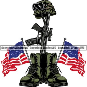 Botas militares Placas de identificación Soldado caído Veterinario Signo de héroe de guerra Veterano de EE. UU. Botas de armas Casco P.O.W. M.I.A Arte Diseño Logo SVG PNG Vector Clipart Corte