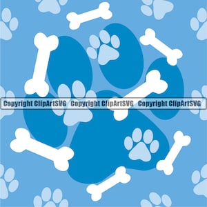 May include: A seamless pattern featuring white bone shapes and blue paw prints on a light blue background. The pattern is repeated throughout the image. Copyright ClipArtSVG.