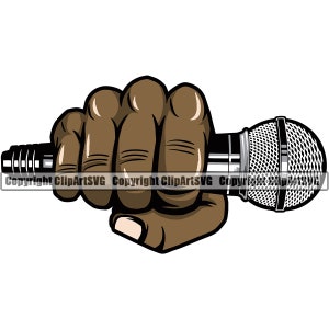 Schwarze Hand hält Mikrofon Audio Sound Stimme Mic Musik Studio Radio Hip Hop Rap Rapper Singen Sänger Design Logo SVG PNG Clipart Vektor Schnitt