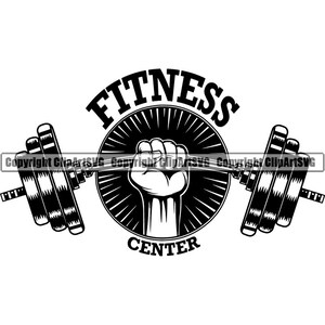 May include: Black and white illustration of a fist lifting a barbell with the words "Fitness Center" in a circle around it.